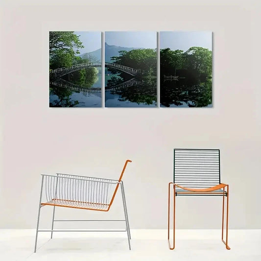3pcs Serene Lake with Bridge Painting Metal Print Ready to Hang Art