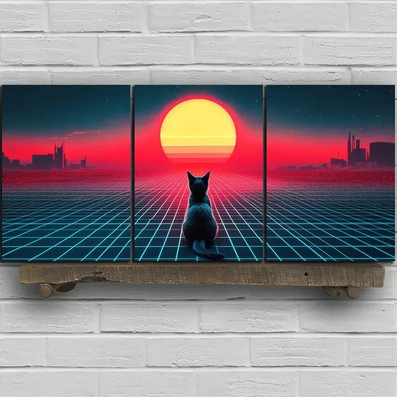 3pcs The Cat Gazing at The Sun Painting Metal Print Ready to Hang Art