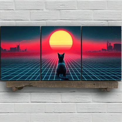 3pcs The Cat Gazing at The Sun Painting Metal Print Ready to Hang Art