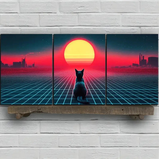 3pcs The Cat Gazing at The Sun Painting Metal Print Ready to Hang Art
