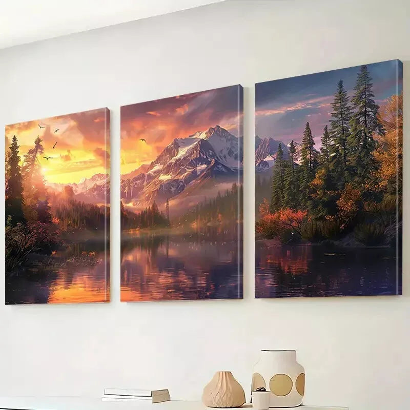 3pcs Sunset Forest Lakes Snowy Mountains Wall Art Set Canvas Framed 50x70cm - High Quality Print 100% Australian Made Wall Canvas Ready to Hang - Bella Home Decor