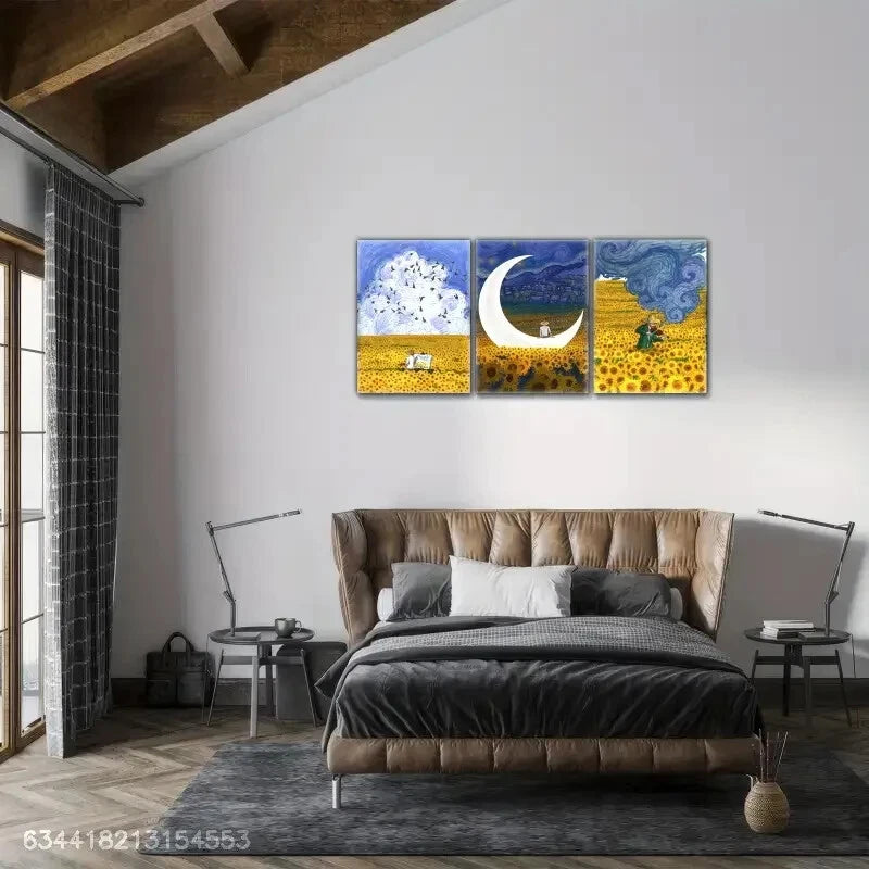 3pcs Sunflowers and Starry Sky Decorate the Sea Metal Print Ready to Hang Art