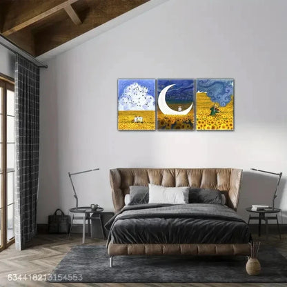 3pcs Sunflowers and Starry Sky Decorate the Sea Metal Print Ready to Hang Art