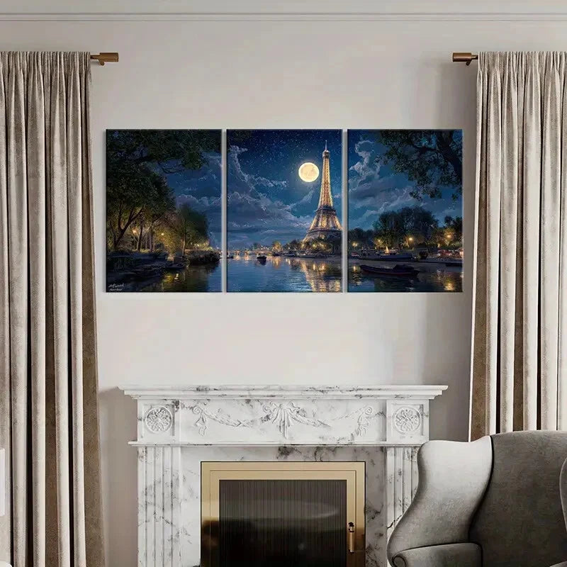 3pcs Romantic Eiffel Tower Paris Night Full Moon Metal Print Ready to Hang Art