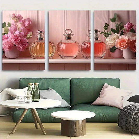 3pcs Light Pink Perfume Bottles Glam Vintage Metal Print Ready to Hang Art