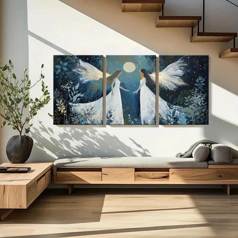 3pcs Angelic Figures White Wings Moonlight Metal Print Ready to Hang Art