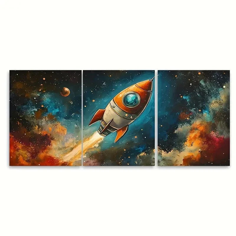 3pcs Whimsical SciFi Childrens Space Rocket Art Metal Print Ready to Hang Art