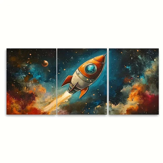 3pcs Whimsical SciFi Childrens Space Rocket Art Metal Print Ready to Hang Art
