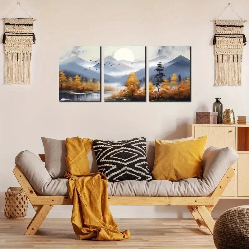 3pcs Modern Mountain Forest Golden Tree Landscape Metal Print Ready to Hang Art