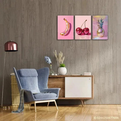 3pcs Cherry Pineapple Banana Disco Ball Fruit Wall Art Metal Print Ready to Hang