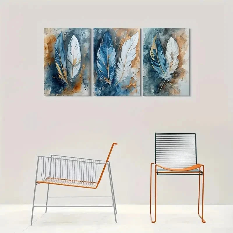 3pcs Blue & White Feathers on Golden Metal Print Ready to Hang Art
