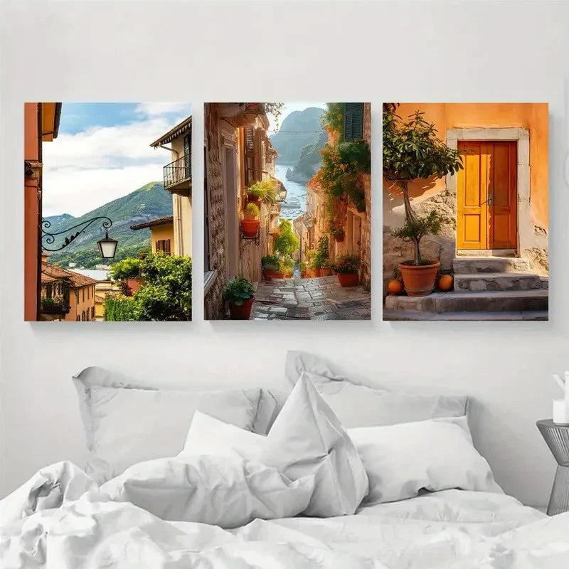 3pcs Malta Scenes Olive Tree & Coastal View Metal Print Ready to Hang Art