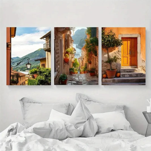 3pcs Malta Scenes Olive Tree & Coastal View Metal Print Ready to Hang Art