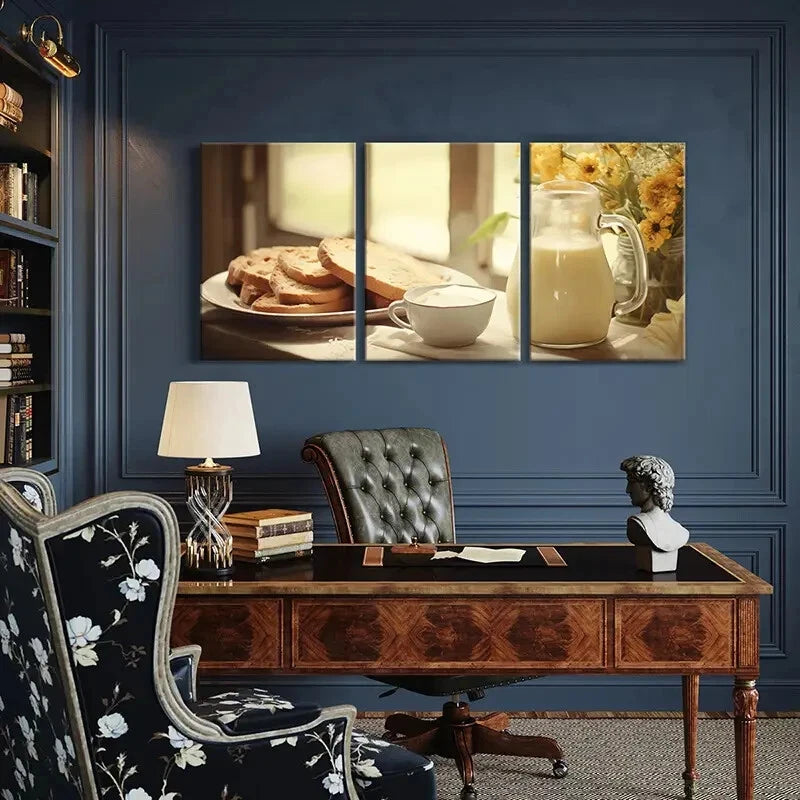 3pcs Warm Breakfast Golden Sunlight Fresh Bread Metal Print Ready to Hang Art