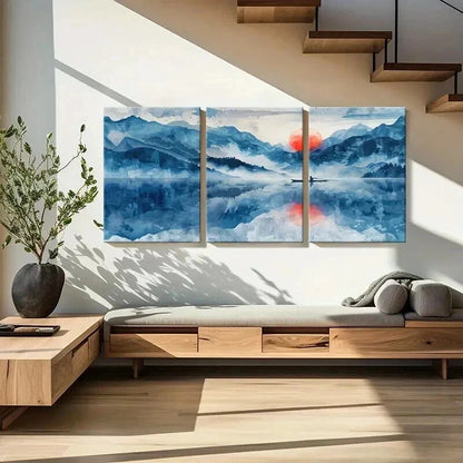 3pcs Traditional Chinese Landscape Sunset Lake Wall Art Set Canvas Framed 40x60cm - High Quality Print 100% Australian Made Wall Canvas Ready to Hang