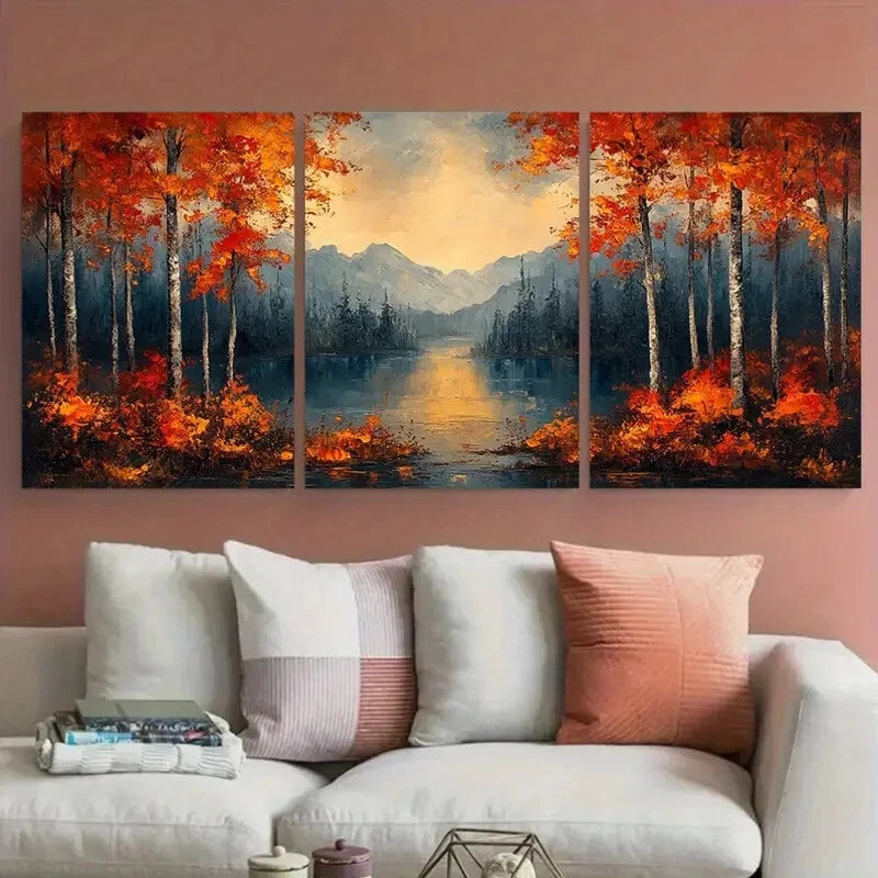 3pcs Abstract Forest with Mountain View Metal Print Ready to Hang Art