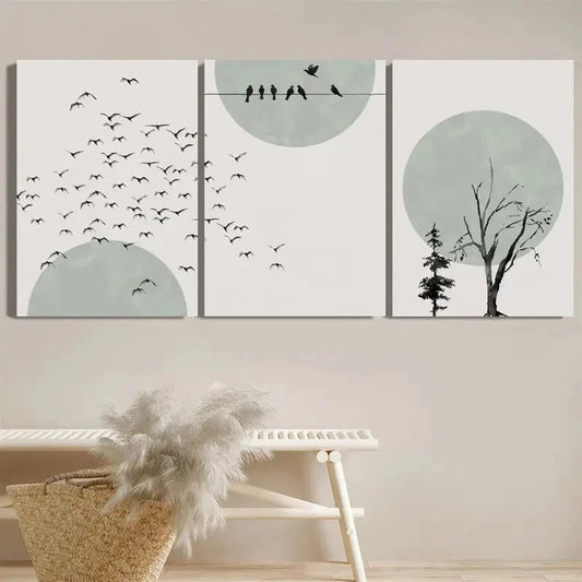 3pcs Abstract Bird Flock & Plant Tree Design Metal Print Ready to Hang Art