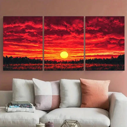 3pcs Modern Stunning Red Sunset Illustration Wall Art Set Canvas Framed 40x60cm - High Quality Print 100% Australian Made Wall Canvas Ready to Hang