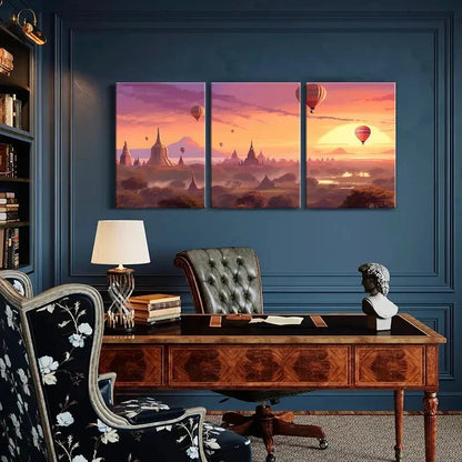 3pcs Sunset Hot Air Balloons Ancient Temples Metal Print Ready to Hang Art