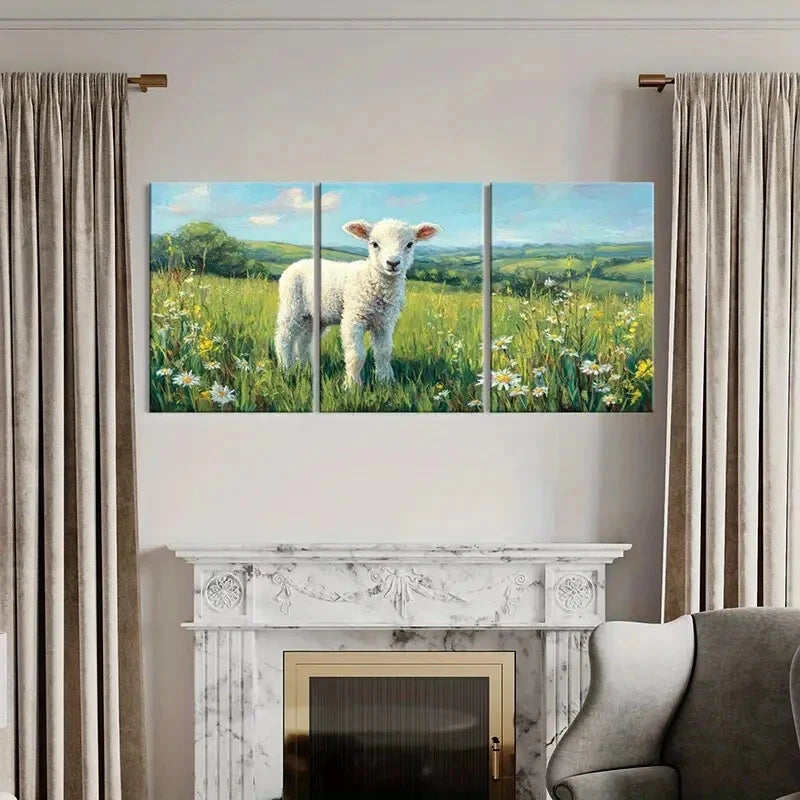 3pcs Landscape Lamb Pastoral Spring Meadow Metal Print Ready to Hang Art