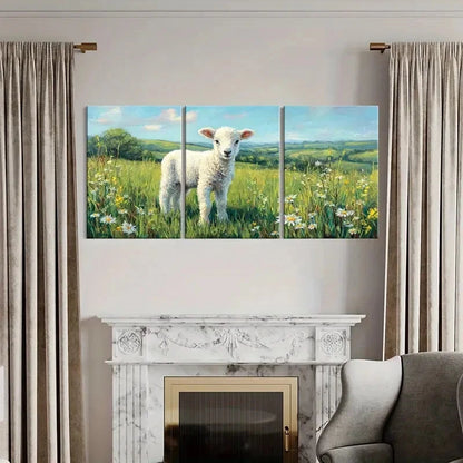 3pcs Landscape Lamb Pastoral Spring Meadow Metal Print Ready to Hang Art
