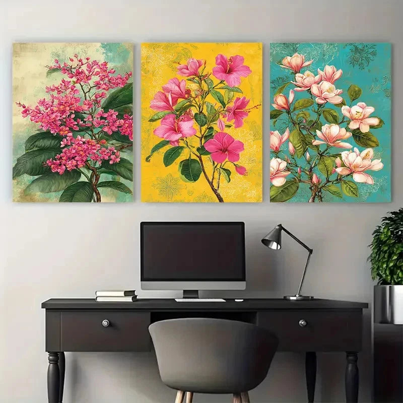 3pcs Bangladesh Travel Floral Illustration Wall Art Set Canvas Framed 40x60cm - High Quality Print 100% Australian Made Wall Canvas Ready to Hang