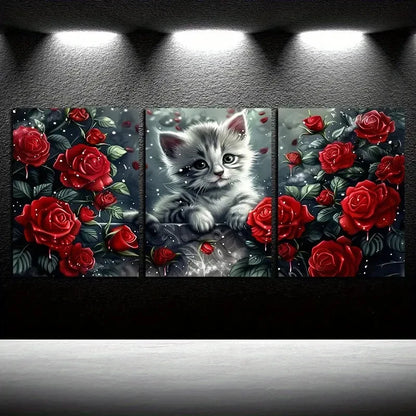 3pcs Charming Cat in Rose Garden Metal Print Ready to Hang Art