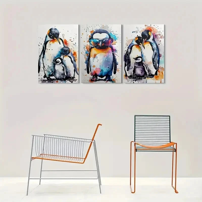 3pcs Colorful Penguin Family Blue Themed Metal Print Ready to Hang Art