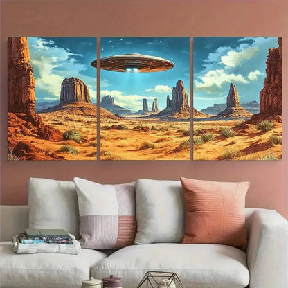 3pcs Vintage UFO Retro Mid-Century Sci-Fi Scene Wall Art Set Canvas Framed 40x60cm - High Quality Print 100% Australian Made Wall Canvas Ready to Hang