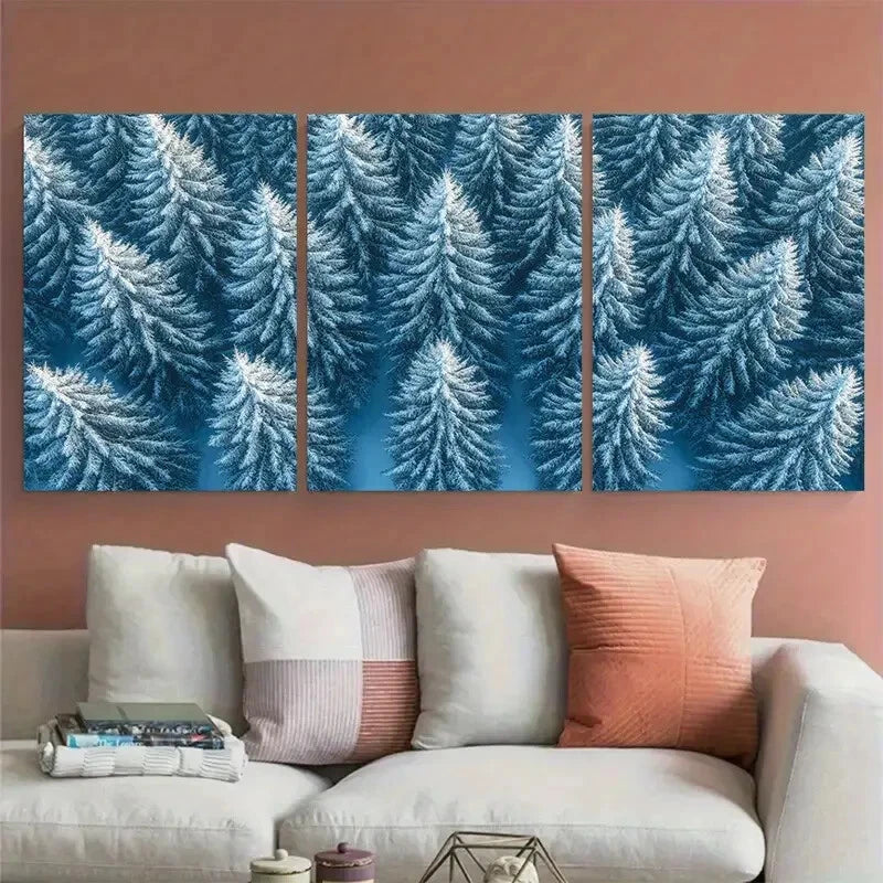 3pcs Winter Snow Covered Fir Tree Forest Aerial Metal Print Ready to Hang Art