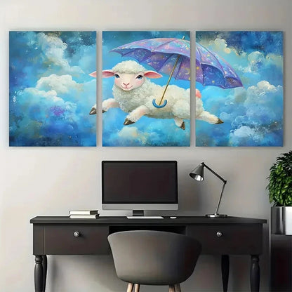 3pcs Flying Sheep with Umbrella Whimsical Design Wall Art Set Canvas Framed 40x60cm - High Quality Print 100% Australian Made Wall Canvas Ready to Hang