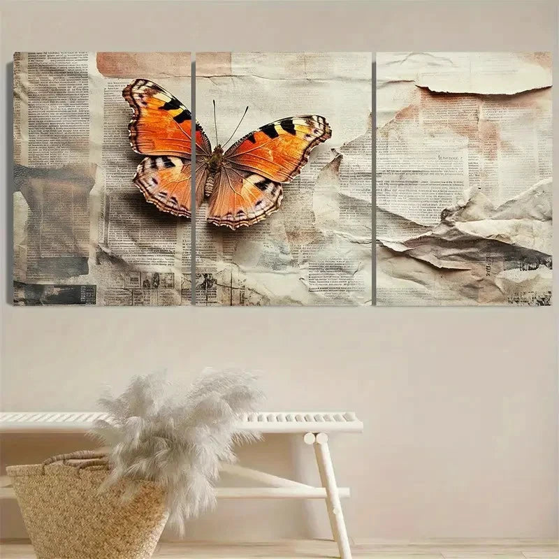 3pcs Vibrant Butterfly & Newspaper Wall Art Set Canvas Framed 40x60cm - High Quality Print 100% Australian Made Wall Canvas Ready to Hang