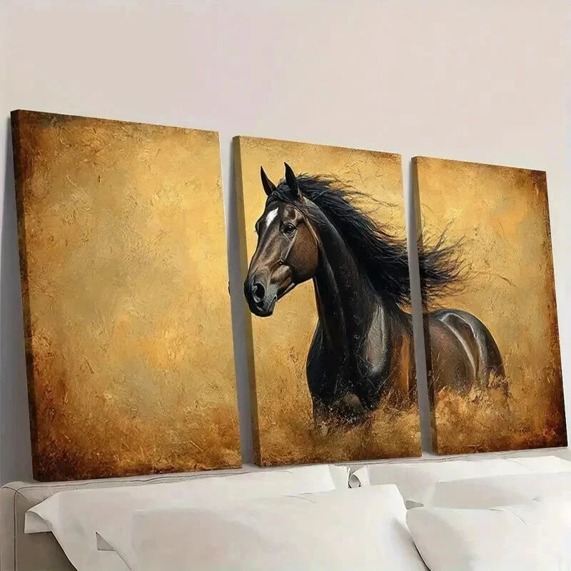 3pcs Vintage Majestic Brown Horse Painting Wall Art Set Canvas Framed 40x60cm - High Quality Print 100% Australian Made Wall Canvas Ready to Hang