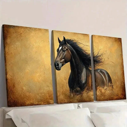 3pcs Vintage Majestic Brown Horse Painting Wall Art Set Canvas Framed 40x60cm - High Quality Print 100% Australian Made Wall Canvas Ready to Hang