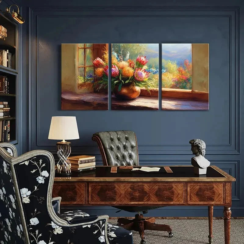 3pcs Vibrant Floral Arrangement Warm Sunlight Metal Print Ready to Hang Art