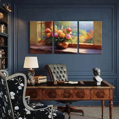 3pcs Vibrant Floral Arrangement Warm Sunlight Metal Print Ready to Hang Art