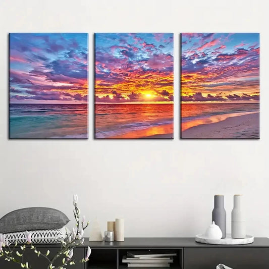 3pcs Vibrant Beach Colorful Sky & Ocean Landscape Metal Print Ready to Hang Art