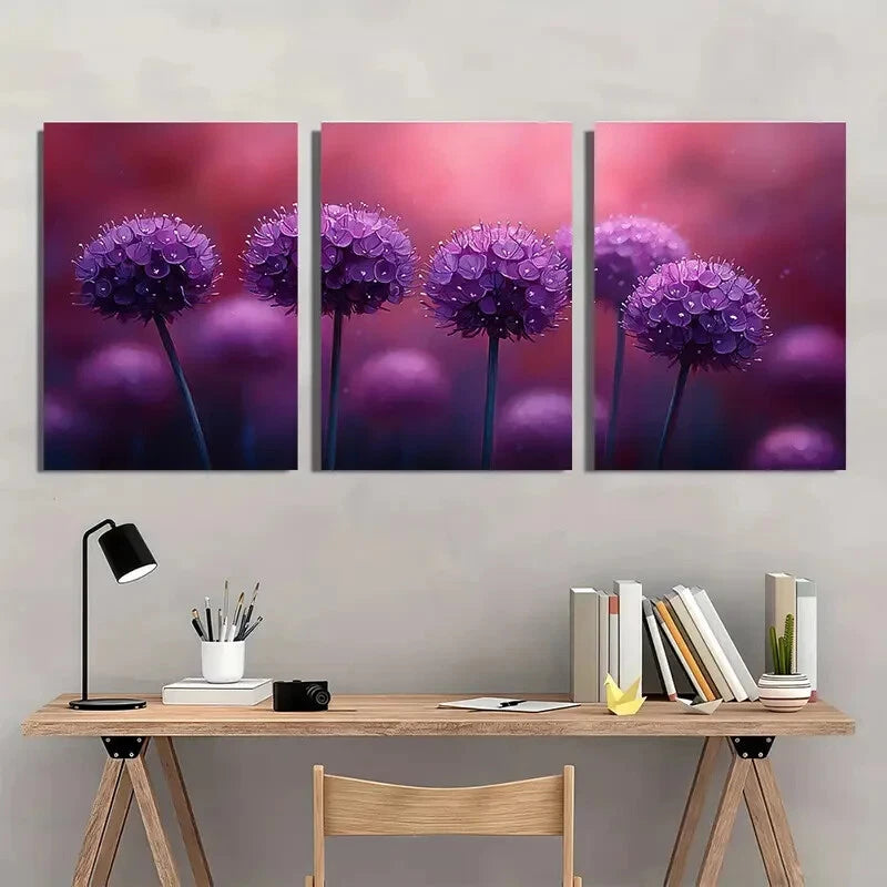 3pcs Vibrant Purple Allium Flower Decor Metal Print Ready to Hang Art