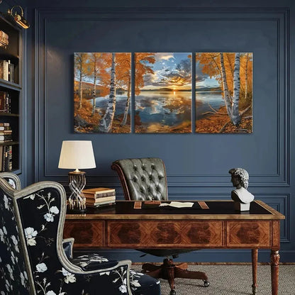 3pcs Sunset Birch Trees Lake Reflection Metal Print Ready to Hang Art