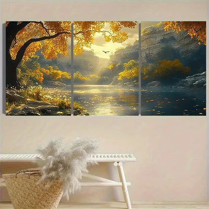 3pcs Autumn Lake with Birds Wall Art Canvas Unframed - High Quality Print 100% Australian Made Wall Canvas