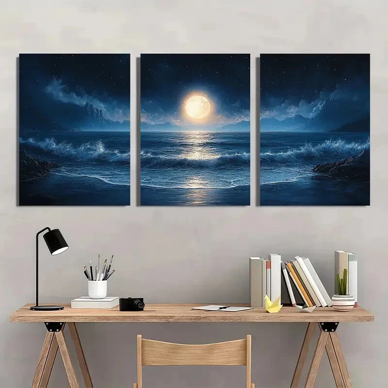 3pcs Moonlit Ocean Seascape Midnight Beach Scene Metal Print Ready to Hang Art