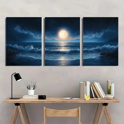 3pcs Moonlit Ocean Seascape Midnight Beach Scene Metal Print Ready to Hang Art