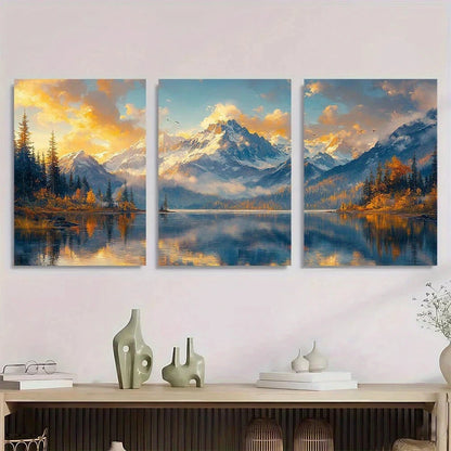 3pcs Vibrant Mountain Serene Lake and Snow Capped Metal Print Ready to Hang Art
