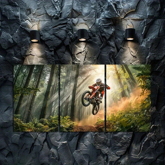 3pcs Enduro Biker Jumping Over Trees in Forest Metal Print Ready to Hang Art