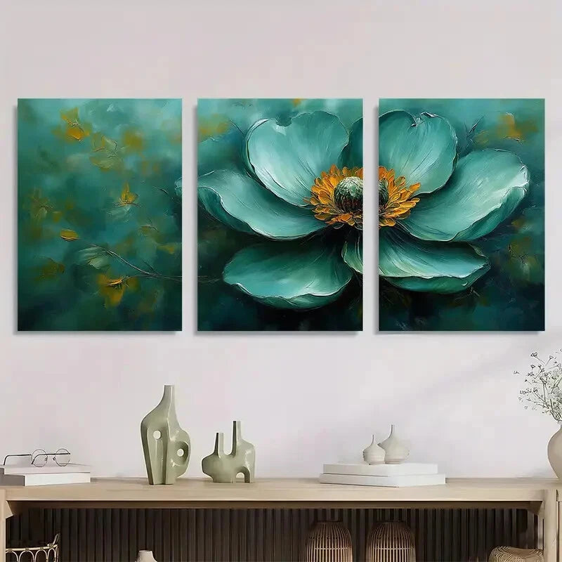 3pcs Abstract Blooming Green Flowers Metal Print Ready to Hang Art