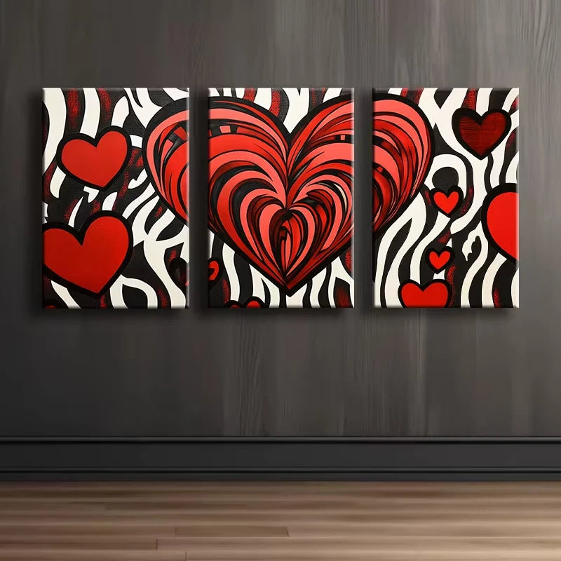 3pcs Red and black love Illustration Wall Art Set Canvas Framed 50x70cm - High Quality Print 100% Australian Made Wall Canvas Ready to Hang