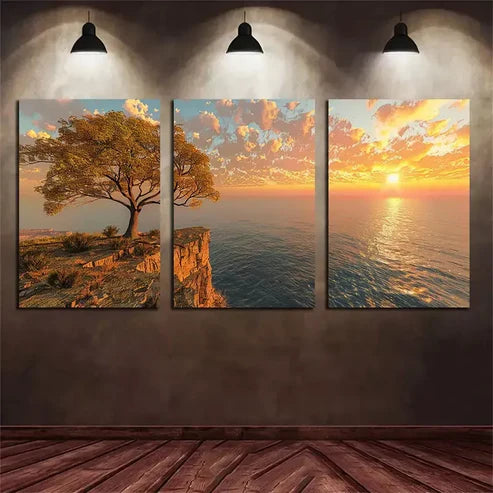 3pcs Sun Setting Over An Ocean with Trees Canvas Framed 60x90cm - High Quality Print 100% Australian Made Wall Canvas Ready to Hang