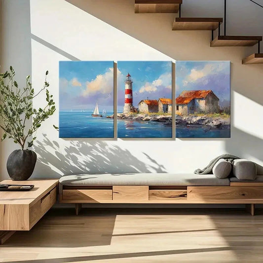 3pcs Lighthouse Coastal Scene Mediterranean Metal Print Ready to Hang Art