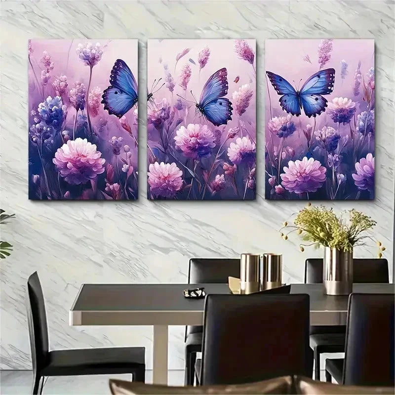 3pcs Soft Purple Pink Flowers Blue Butterflies Wall Art Set Canvas Framed 50x70cm - High Quality Print 100% Australian Made Wall Canvas Ready to Hang