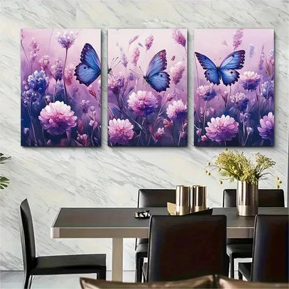 3pcs Soft Purple Pink Flowers Blue Butterflies Wall Art Set Canvas Framed 50x70cm - High Quality Print 100% Australian Made Wall Canvas Ready to Hang